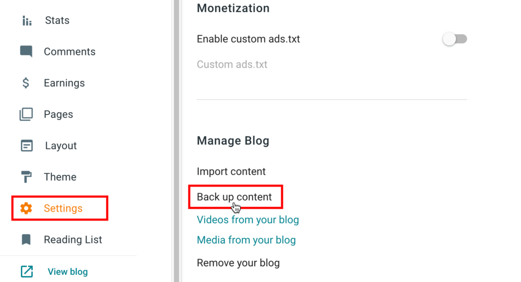 back up content via Blogger settings