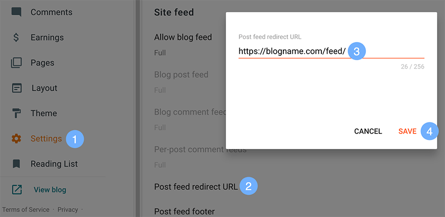 post feed redirect URL in Blogger