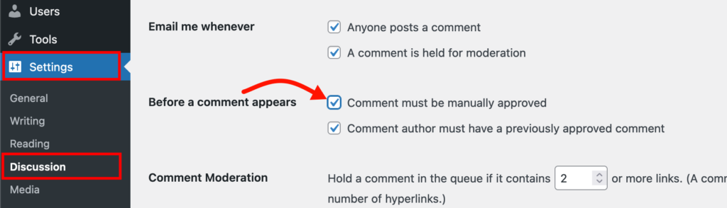 Require comments to be manually approved in WordPress